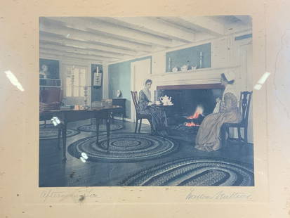 Antq Wallace Nutting Hand Colored Photograph: Hand colored photograph. Antique Wallace Nutting 1909. Signed in lower right corner. Titled Afternoon Tea. Subject depicts two women sitting by the fire drinking tea. Framed in wooden frame. Frame mea