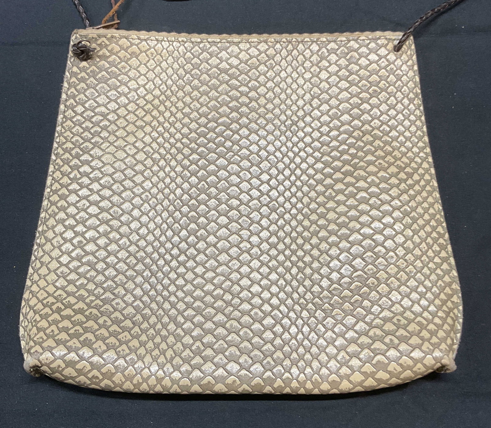 B May Beige Reptile Leather Handbag: B May beige toned reptile leather handbag. Signed to interior. Measures approx. 8.5 x 8 inches. Some wear to leather and interior consistent with exposure. B may, b may handbag, ladies luxury handbag,
