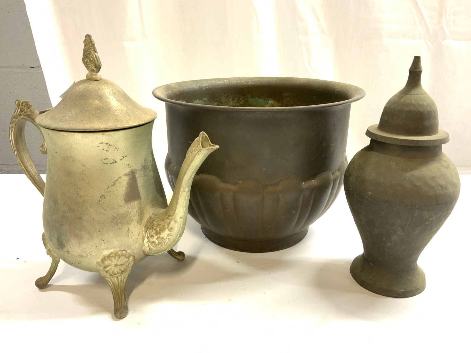 Lot 3 Vintage Mixed Metal Planter, Urn & Teapot (1 of 8)