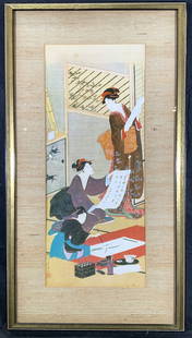 Utagawa Toyohiro Four Accomplishments Litho: Lithograph on paper. Original art by Utagawa Toyohiro. Titled Four Accomplishments. Asian characters and Hanko in lower left corner. Subject depicts three geisha writing and collecting calligraphy. Fr