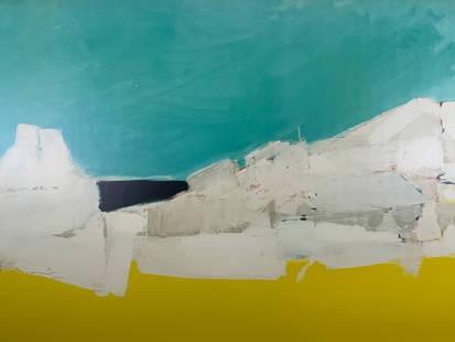 Nicolas de Stael Bateaux sur la Plage Lithograph: Lithograph on paper. Original art by Nicolas de Stael. Titled Beatrix sur la Plage. Subject depicts an abstract depiction of boats on a beach. Matted to card board with a yellow matte framing the pape