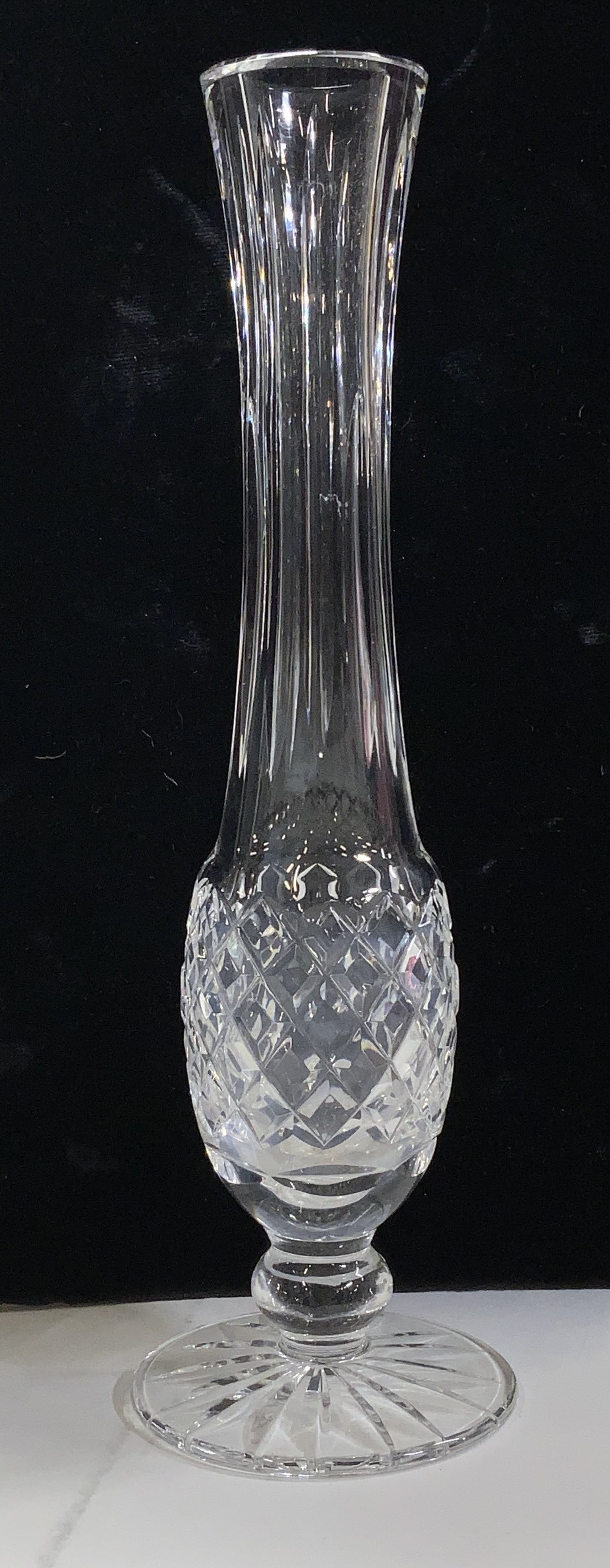 Waterford Cut Crystal Vase: Waterford Crystal vase, marked Waterford on verso. Measures 9.25 in. Tall base is approx 2.75 in. Diameter. Flower vase, Bud vase, Waterford Crystal vase, decorative arts, hallmarked Waterford Crystal