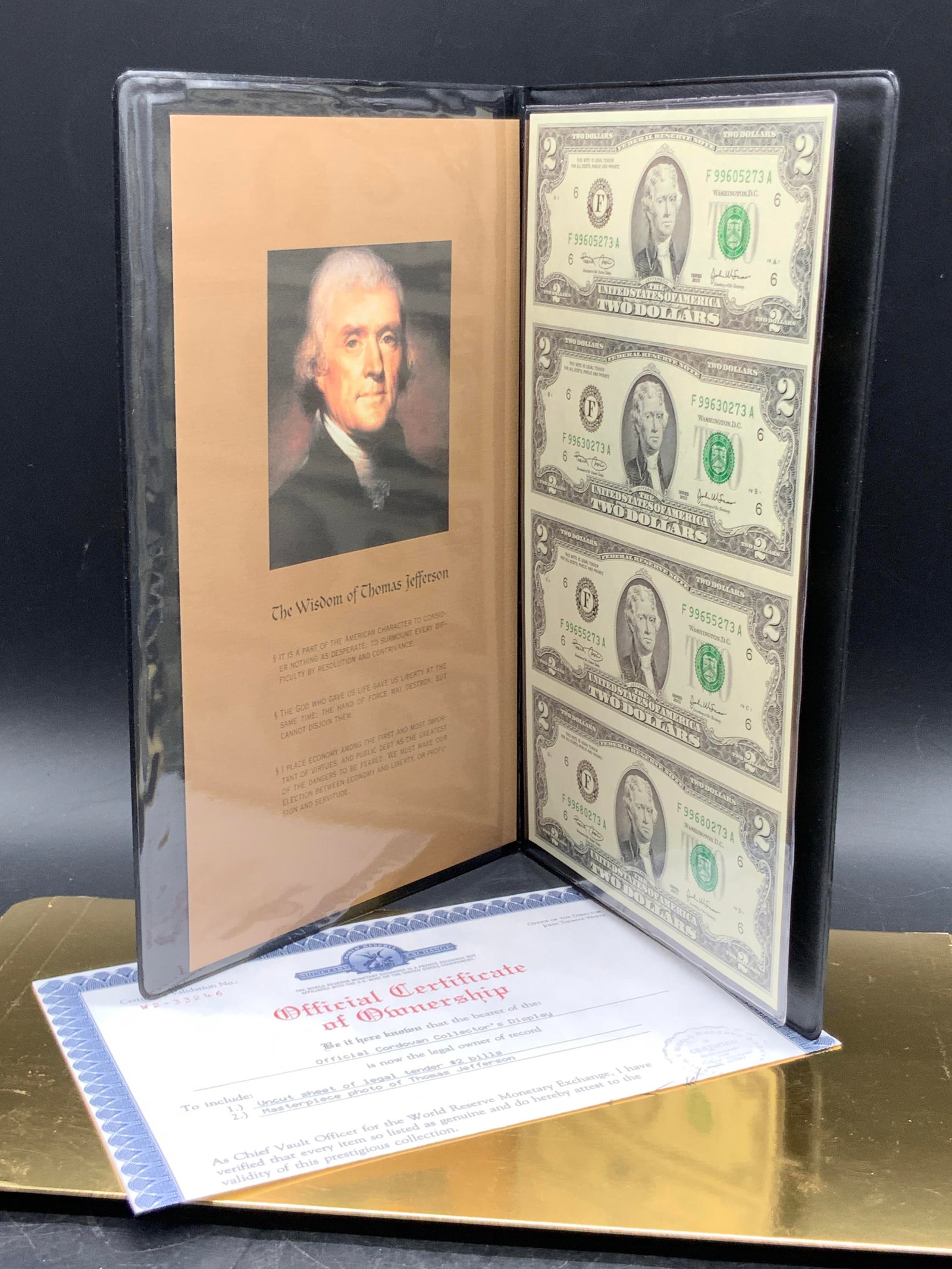 2003 $2 Bill Uncut Sheet W/ Official Certificate (1 of 8)