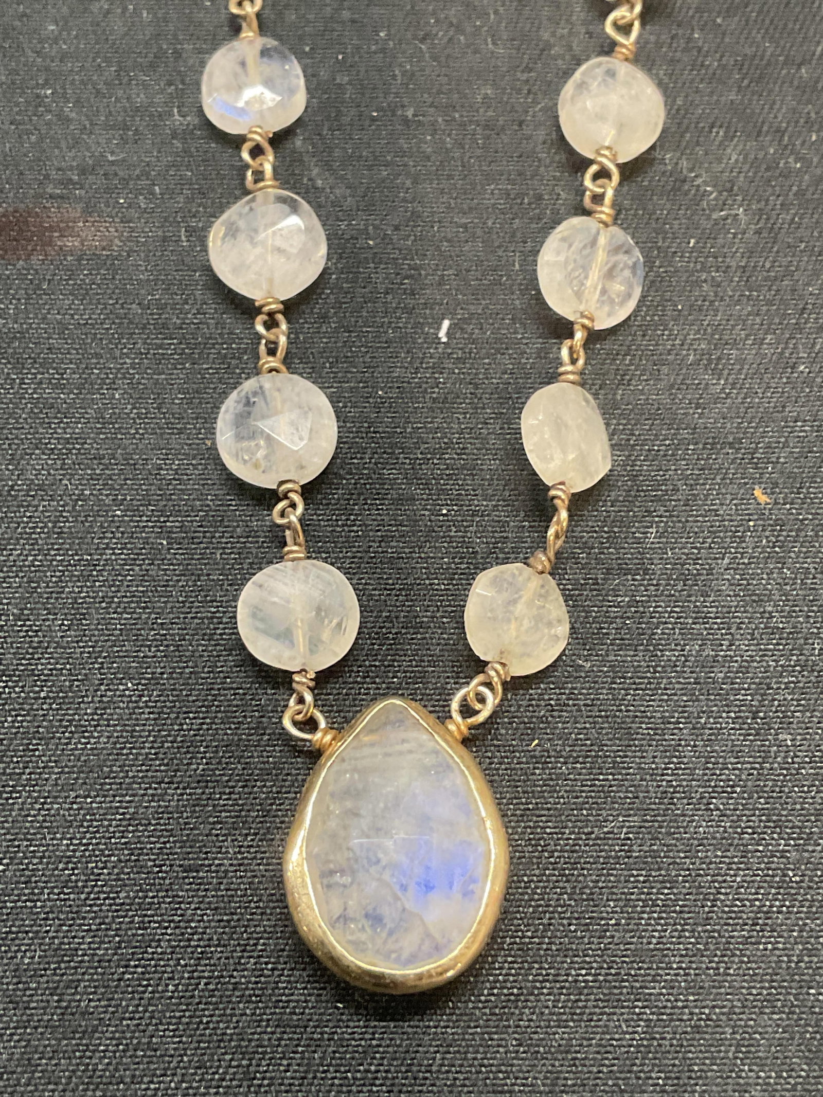 ELA RAE Gold Filled Semi Precious Necklace: ELA RAE 14k gold filled necklace with white semi precious stones. Signed on hang tag. Drop length approx. 8.5 inches. Some surface wear including scratching observed. Jewelry, estate jewelry, costume 