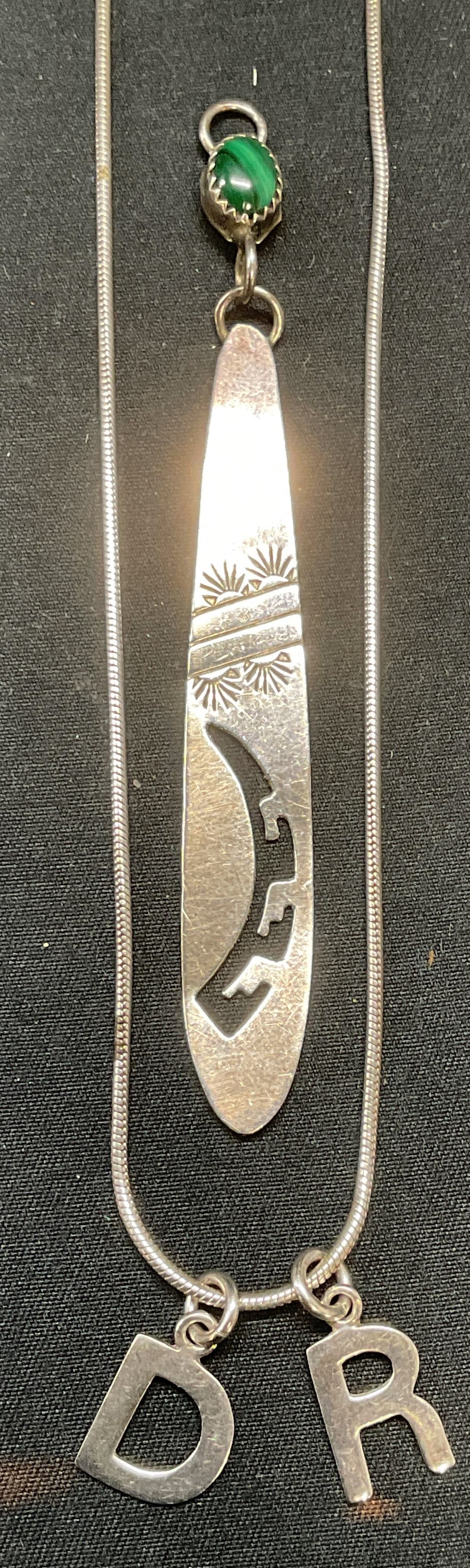 Lot 2 Sterling Silver Necklace & Malachite Pendant: Lot of 2 jewelry pieces. Sterling silver snake chain necklace with D and R pendants. All pieces marked 925. Drop length approx. 9.5 inches. Pendant measure approx. 5/8 inches long. Total weight .29 oz