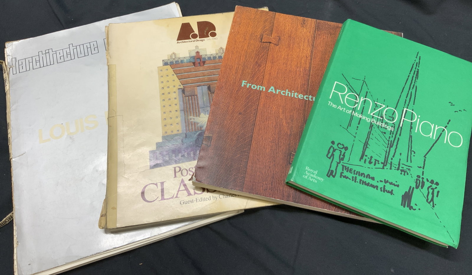 Lot 4 Architecture Editorial Book Bundle: 4 Books on Architecture. Largest book measures approx, 12 H x 9.5 W in. Larchitecture Dau Jourdhui. By Louis I. Kahn. Published by Rue Bartholdi. 1969. No binding. Binding undone. Wear to spine, wear 