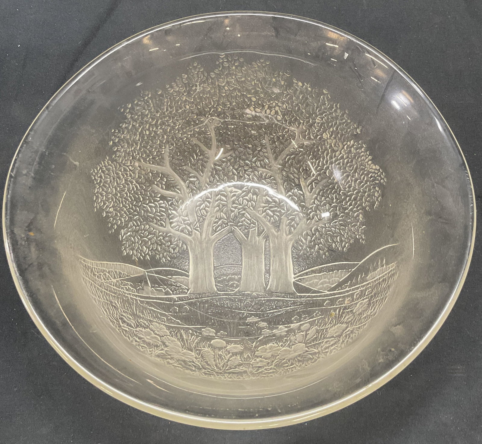 Clear Frosted Glass Landscape Motif Bowl: Clear and frosted glass bowl with landscape motif relief to underside. Measures approx. 9.75 x 4 inches. Some surface wear including scratching observed. Bowl, landscape bowl, tree bowl, flower bowl, 