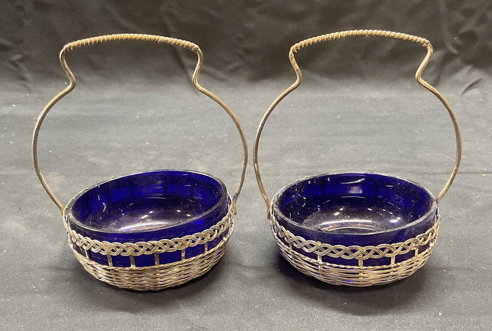 Pair Vntg Silver Tn Wire Baskets w Cobalt Glass (1 of 6)