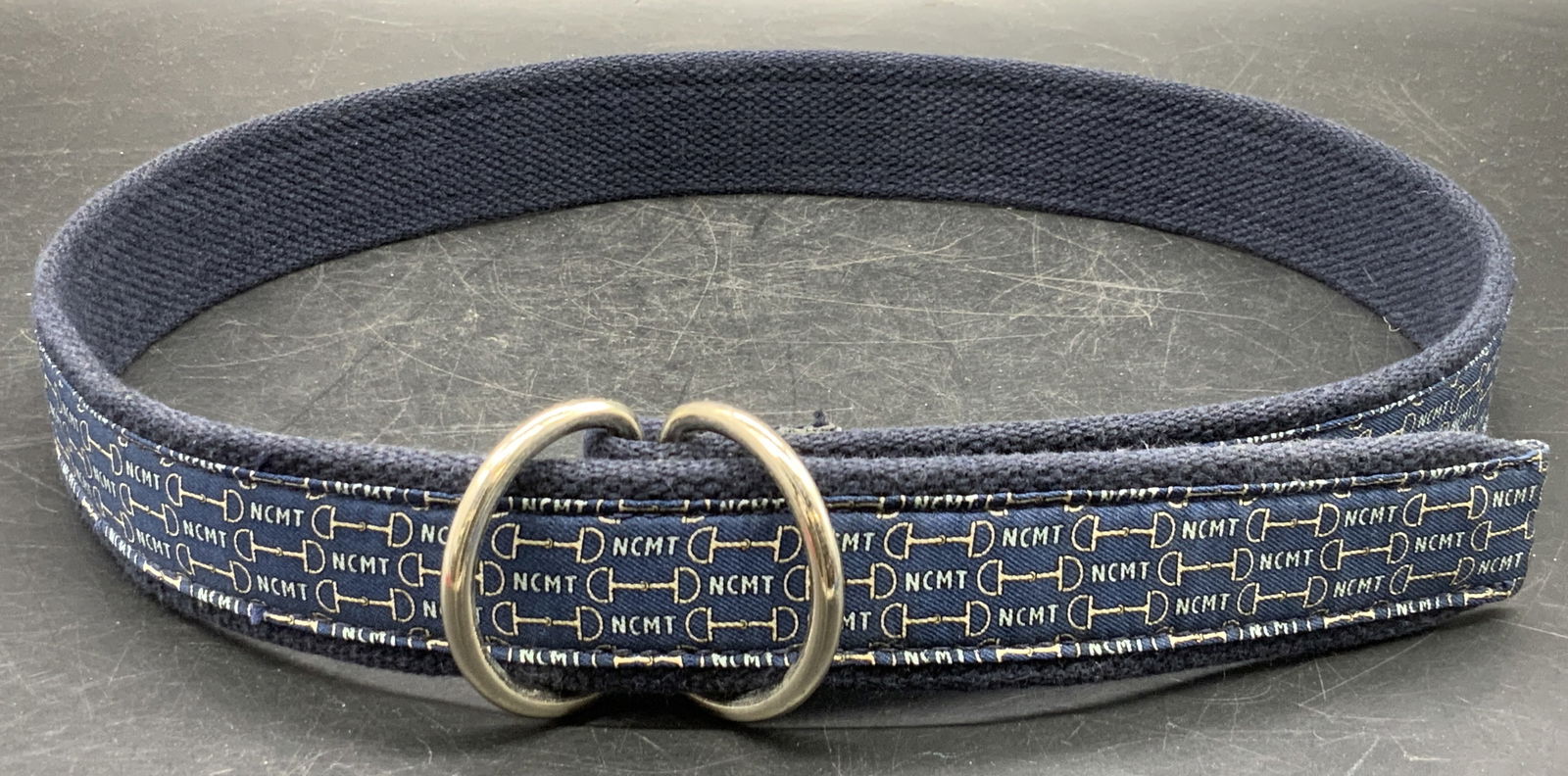 VINEYARD VINES USA by Shep & Ian Fabric Belt: A blue patterned fabric belt with silver tone metal bek5 buckle. Tag reads VINEYARD VINES, MADE IN USA, by Shep & Ian, Size XL. Length measures approx. 37 inches in length. Some surface wear consisten