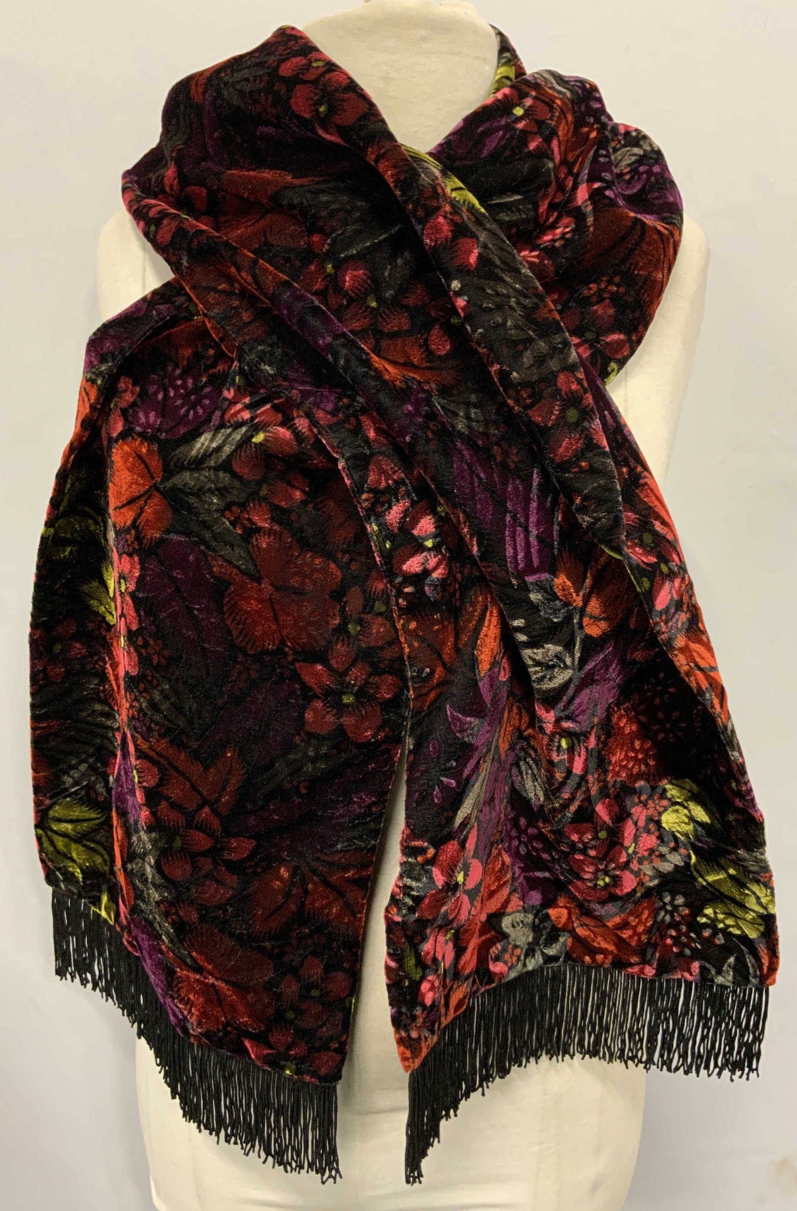 Crushed Velvet Fringed Scarf W Floral Derail (1 of 6)