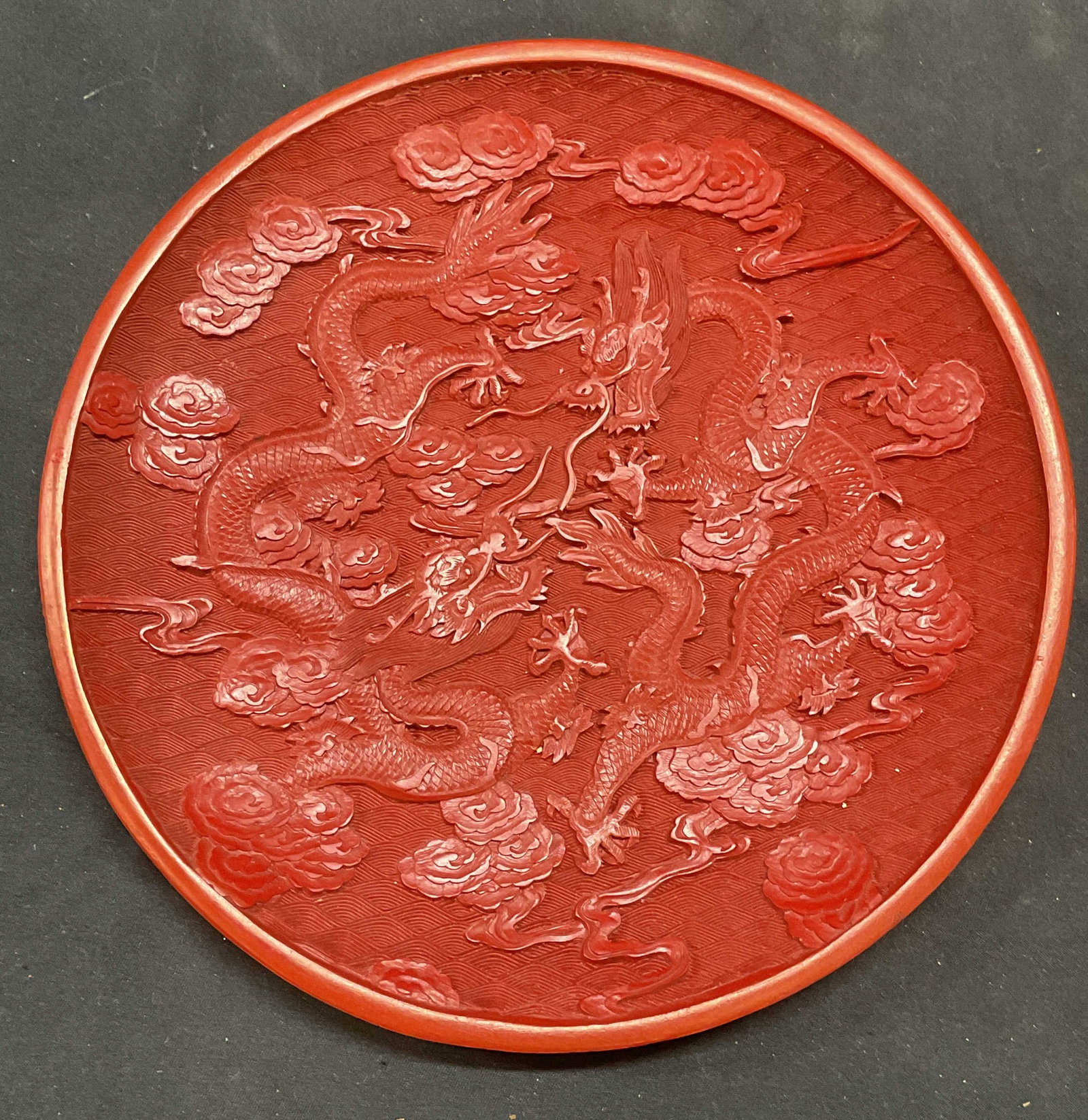 Asian Carved Red Cinnabar Style Dragon Plate (1 of 6)