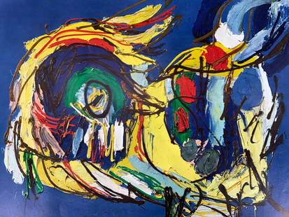 Bete du Soleil Karel Appel UNESCO Art Series Litho: Offset Lithograph on paper. Original art is Titled Bete du Soleil by Karel Appel, 1954. Subject depicts a sun beast made with thick strokes of paint. Lithograph by UNESCO Art Popularization Series. Pu