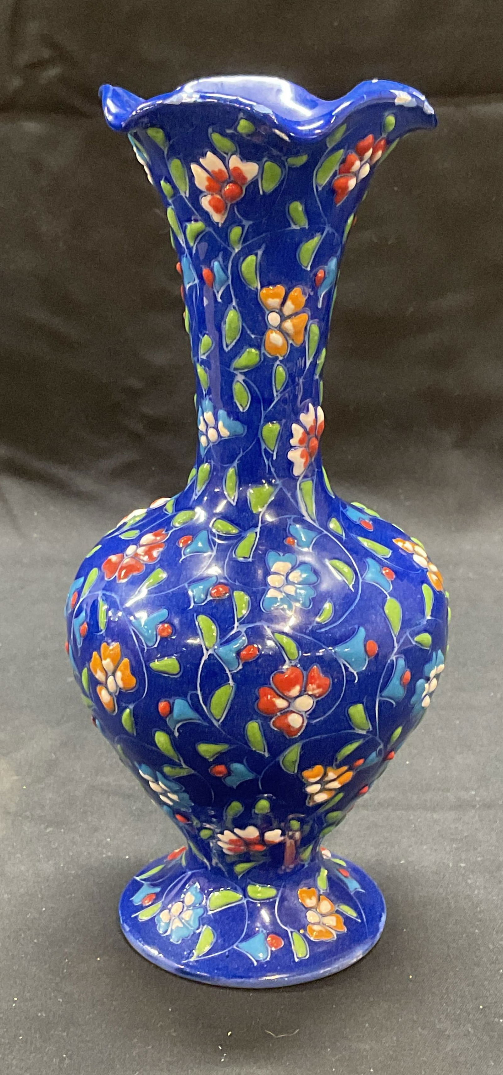 Signed Hand Painted Blue Ceramic Floral Vase (1 of 6)
