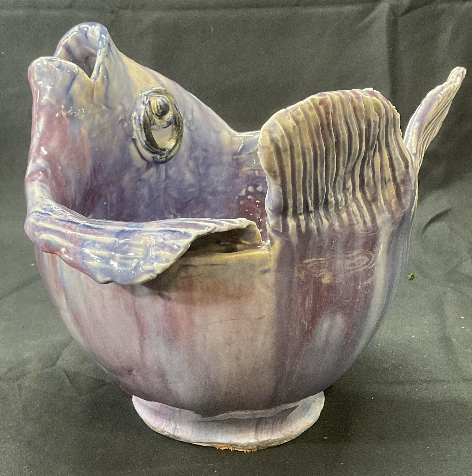 Signed Elson Purple Ceramic Fish Motif Bowl (1 of 8)