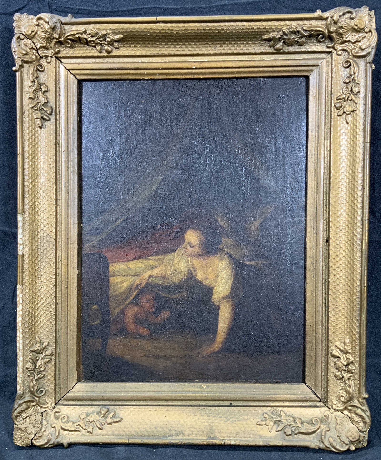 Jon Christoph Frisch. Woman & Infant Oil Painting: Oil paint on board. Artist name is Jon Christoph Frisch. Subject depicts a woman taking out her infant child front under the bed. Paper affixed to verso reads Artist name and painting details. Framed 