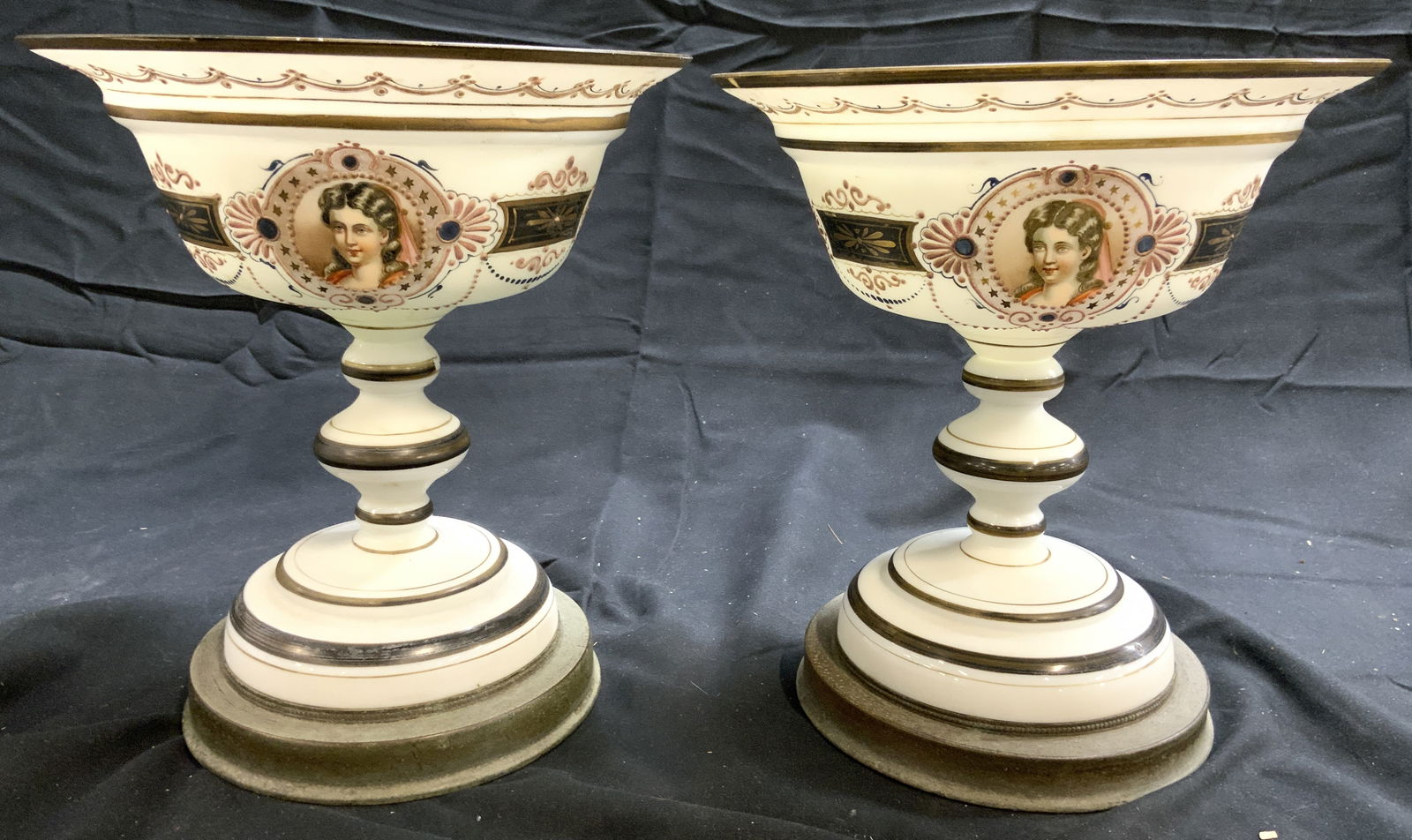 Pr Antq Hand Painted Art Glass Compotes (1 of 8)