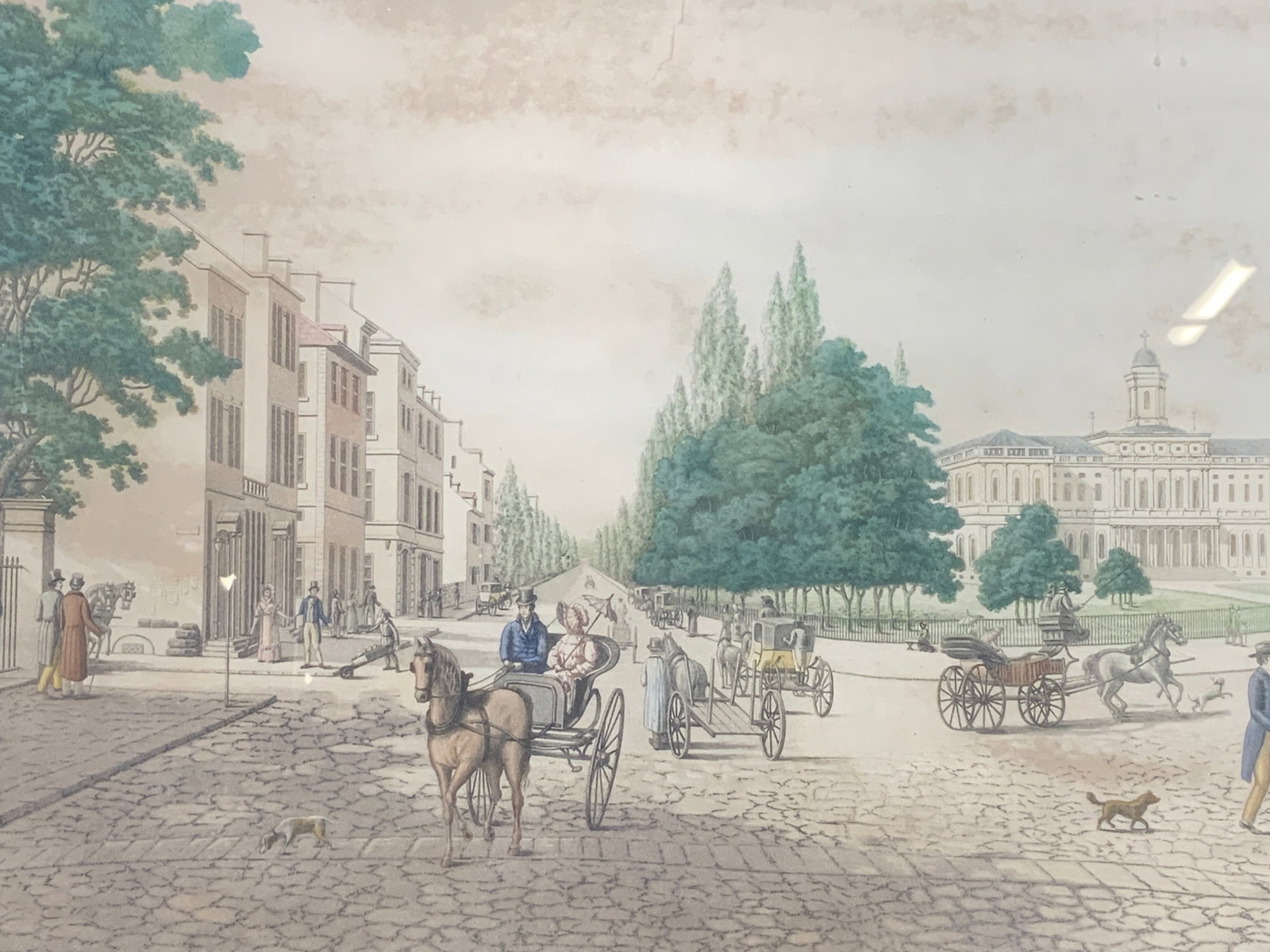 Louis Augier NYin1819 Broadway&City Hall Aquatint: Aquatint on paper. Titled New York in 1819, Broadway and the City Hall. Art by Louis Augier. Signature faintly legible in lower right corner. Limited edition number 50/350. Subject depicts Hugh class 