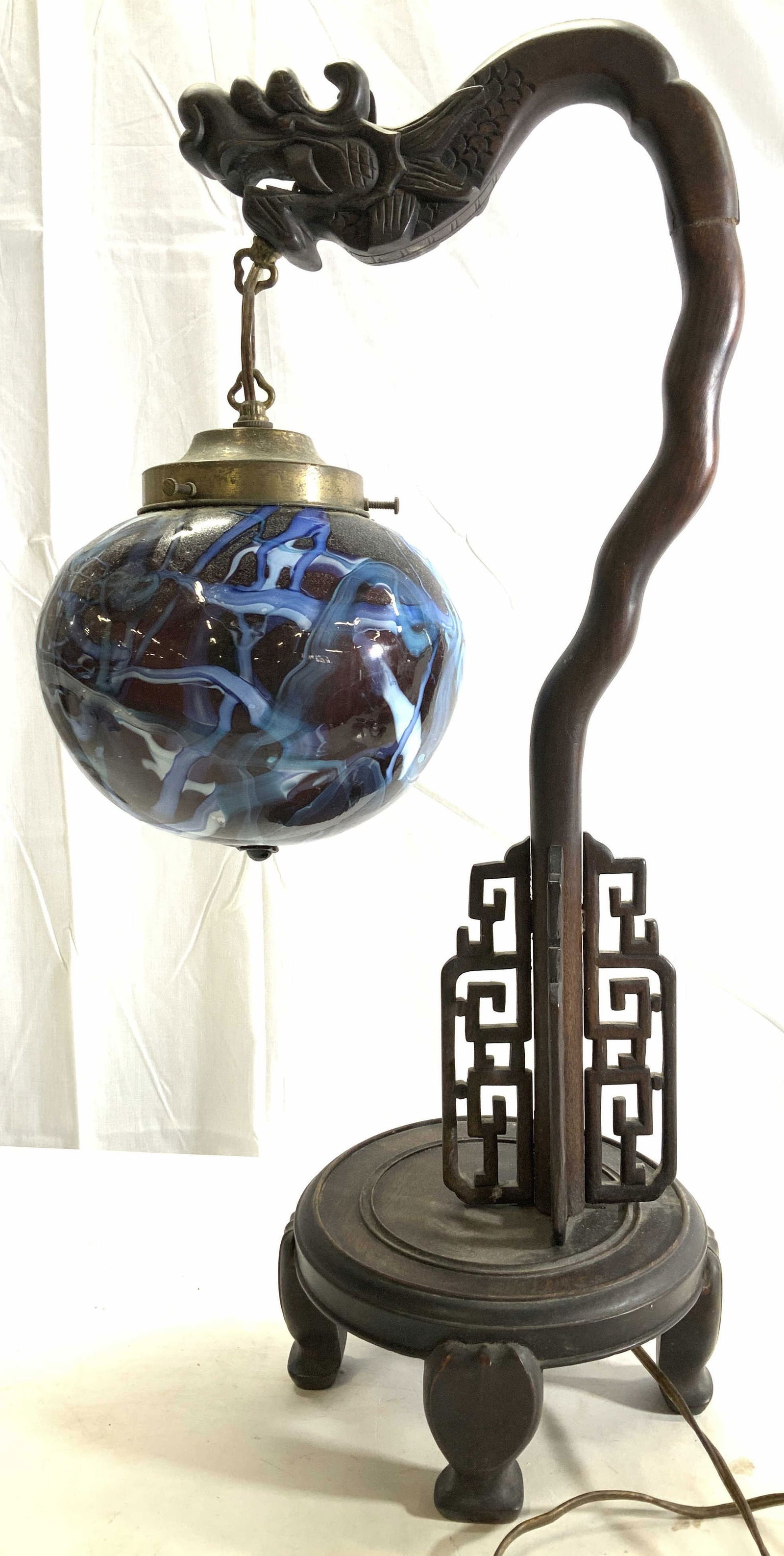 Shew Hing Wood Asian Dragon Lamp w Blown Glass (1 of 9)