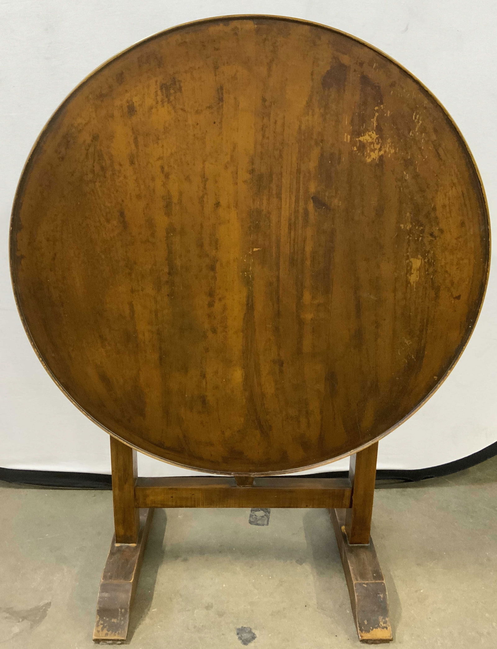 SPADETTO Antq Wood Tilt Top Wine Tasting Table ITALY: Table is inscribed SPADETTO MADE IN ITALY. Table appears to be antique possibly vintage. Table is brown toned and wooden. Table has circular form tilting top. Piece has 2 base supports. Table measures