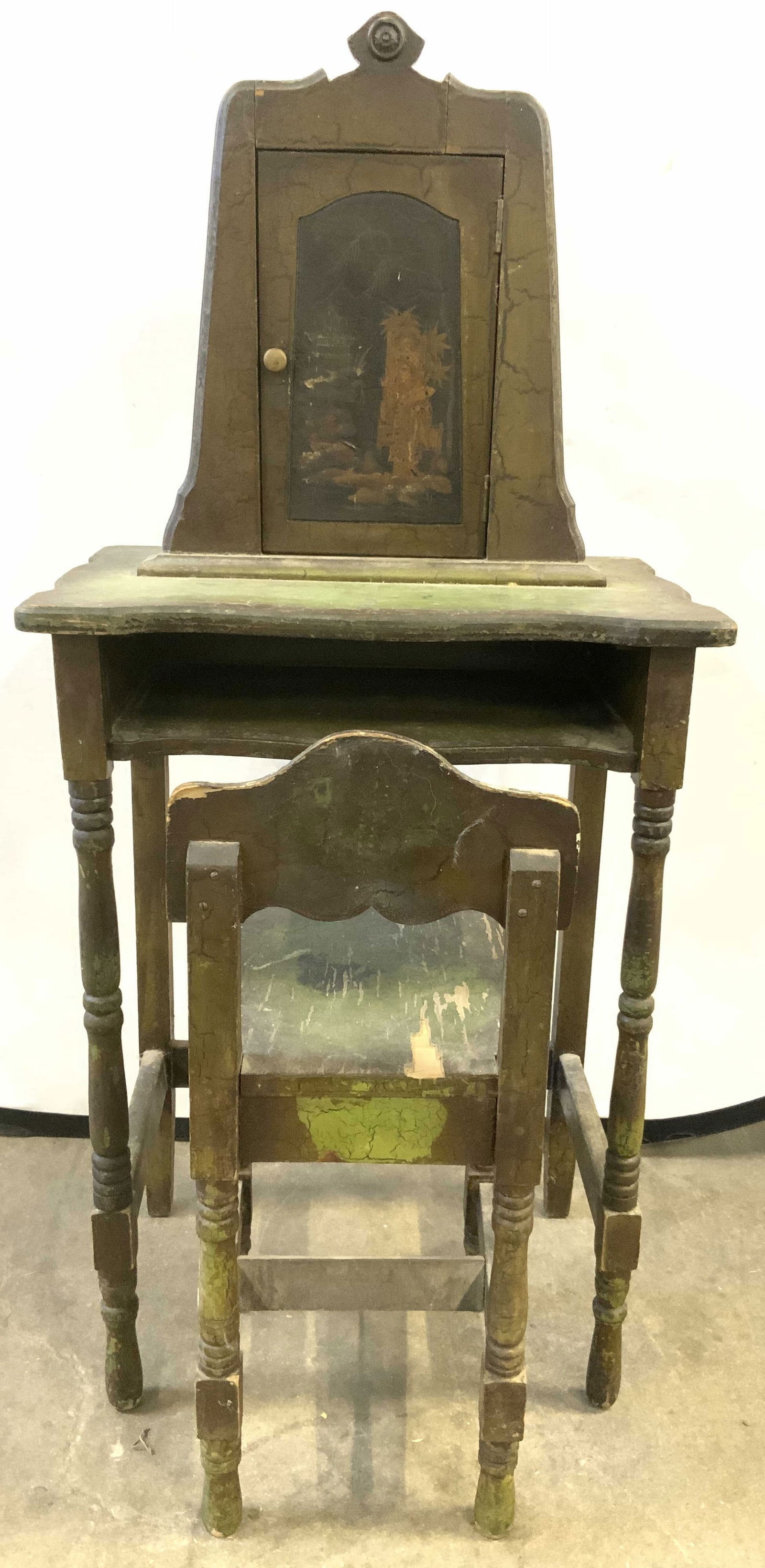 Antique Wooden Telephone Desk & Chair: Lot includes 1 desk & 1 chair. Each piece is wooden. Set appears to be antique possibly vintage. Desk has cabinet door compartment at top & cubby underneath. Door has painted male figure & Asian archi