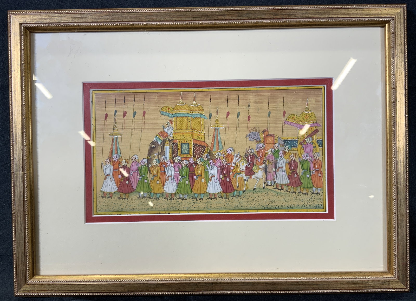 19th C. Illustration Mogul Warriors Parade: Hand drawn illustration on paper. Taken from a 19th Century manuscript of a parade of Moguk warriors. Subject depicts a parade with warriors holding spears and a men riding an elephant and a horse. Fr