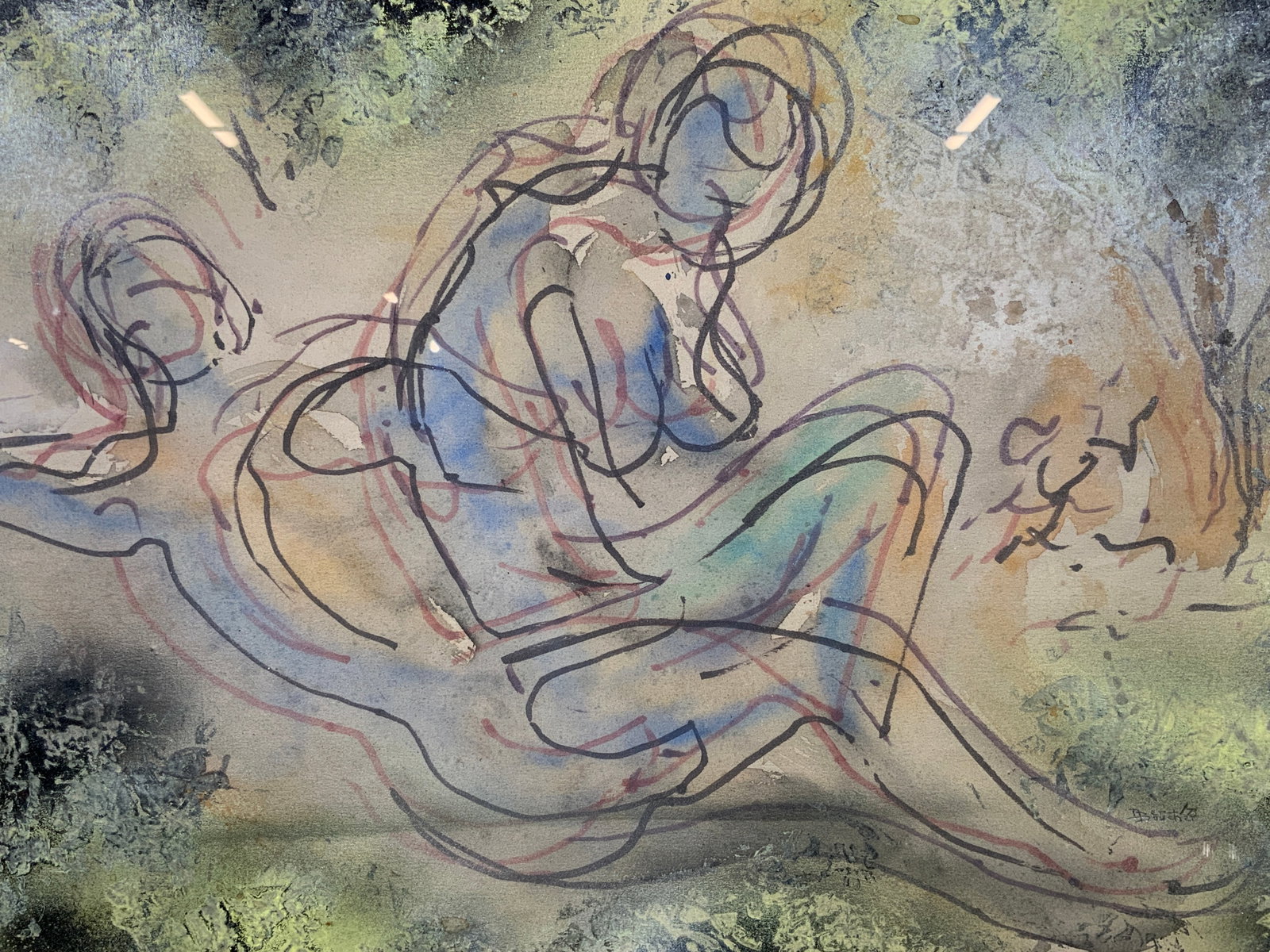 Bert Boucher 1973 Vntg Two Bodies Water Color: Water color and oil paint on paper. Signed in lower right corner. Signature reads Bert Boucher. Dated 1973 In lower right corner. Subject depicts two abstract outlined bodies together. Framed in woode