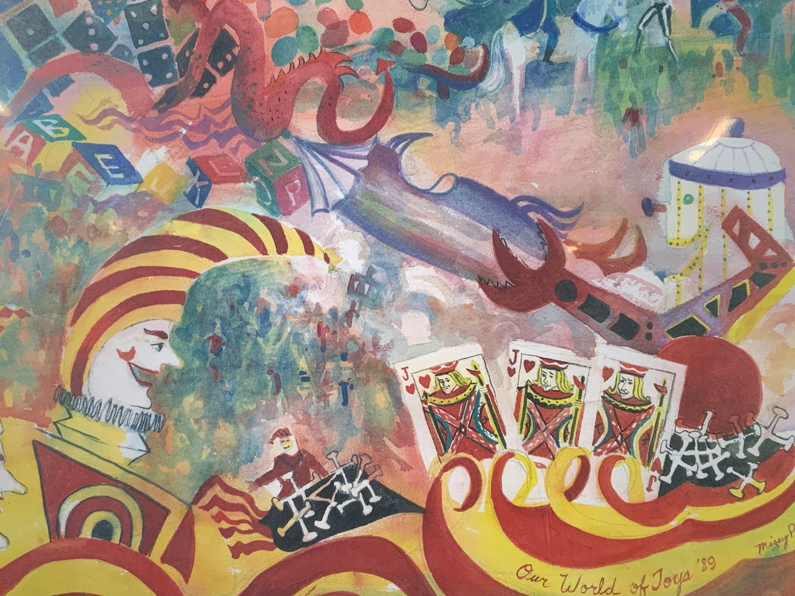 Signed Mardi Gras 1989 Vintage Lithograph: Lithograph on paper. Signed in lower right corner in ink. Signature illegible. Titled Mardi Gras. Dated 1989. Subject depicts a party with clowns and cards, a robot and circus animals. Paper measures 