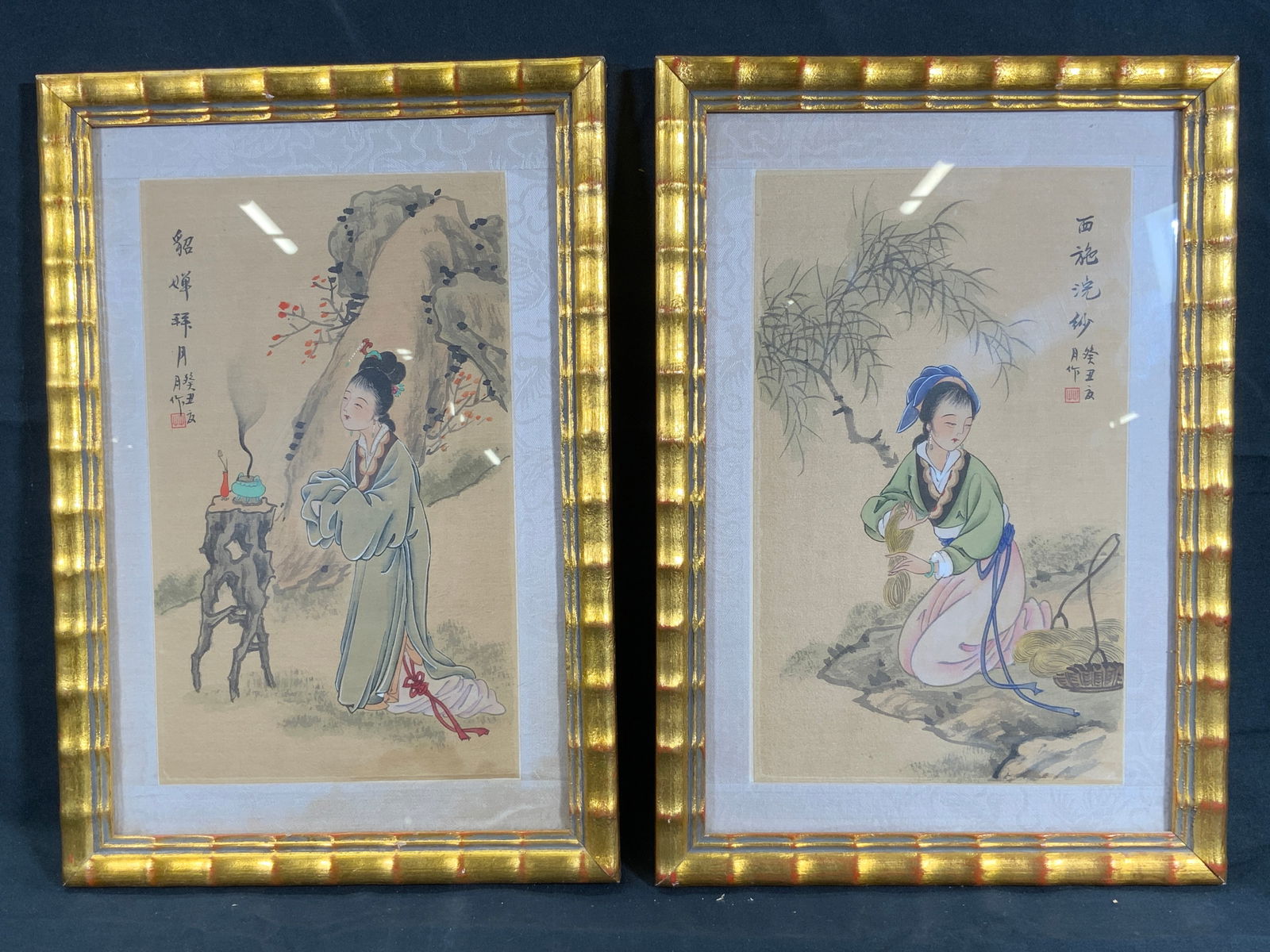 Pair of Silk Paintings Ancient Beauties of China: Ink and watercolor on silk. Two of the four ancient beauties of China. Subject one depicts a woman praying with incense. Asian character and Hanko on left. Titled Diao Chan worships the moon and buys