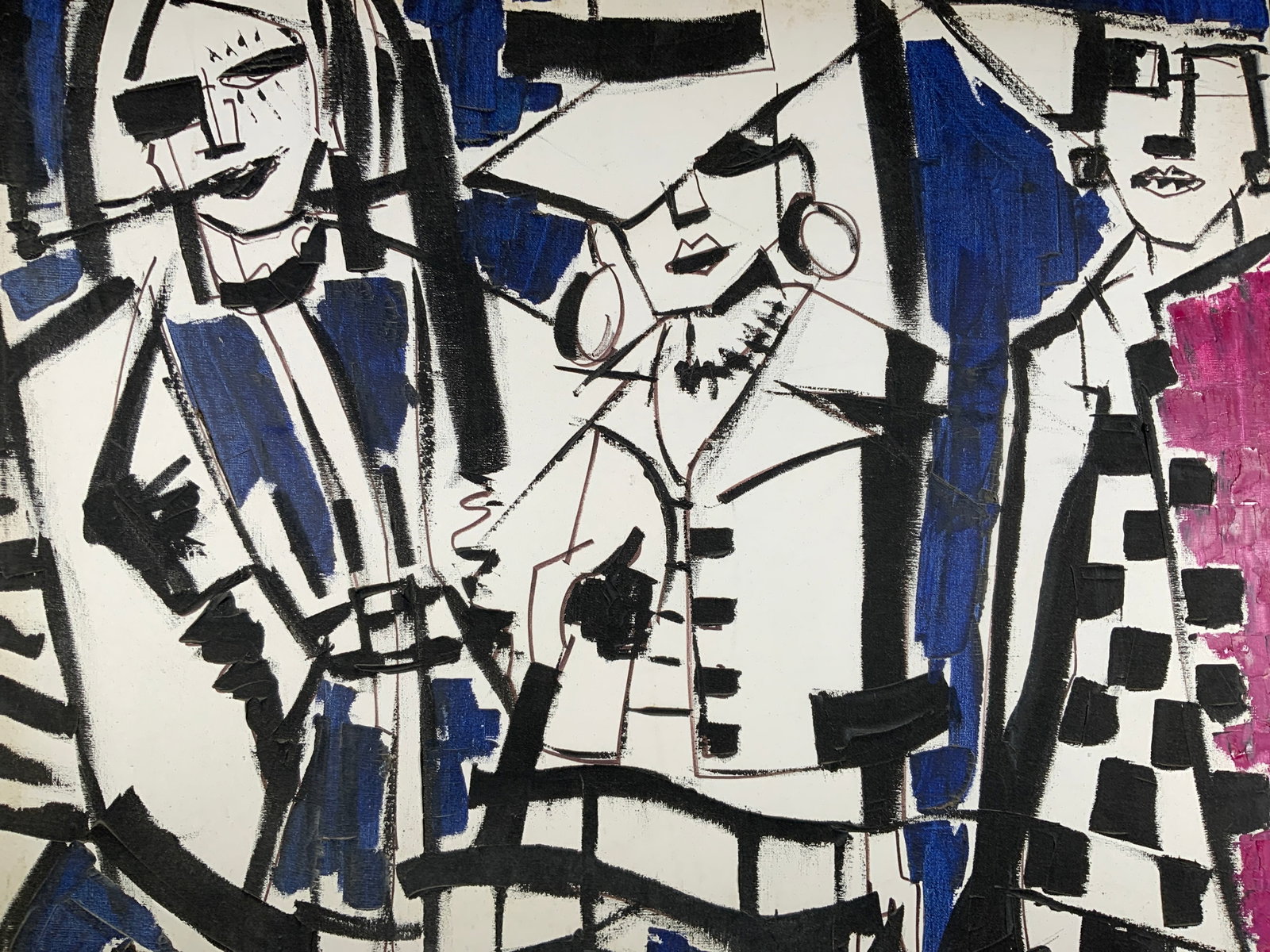 Tirnetta Fashionista Mid-Century 1967 Oil Painting: Oil paint on canvas. Signed by Edward Tirnetta in lower left corner. Titled Fashionista. Signed and dated 1967 on verso. Subject depicts three figures all posing in fashionable outfits. Canvas measure