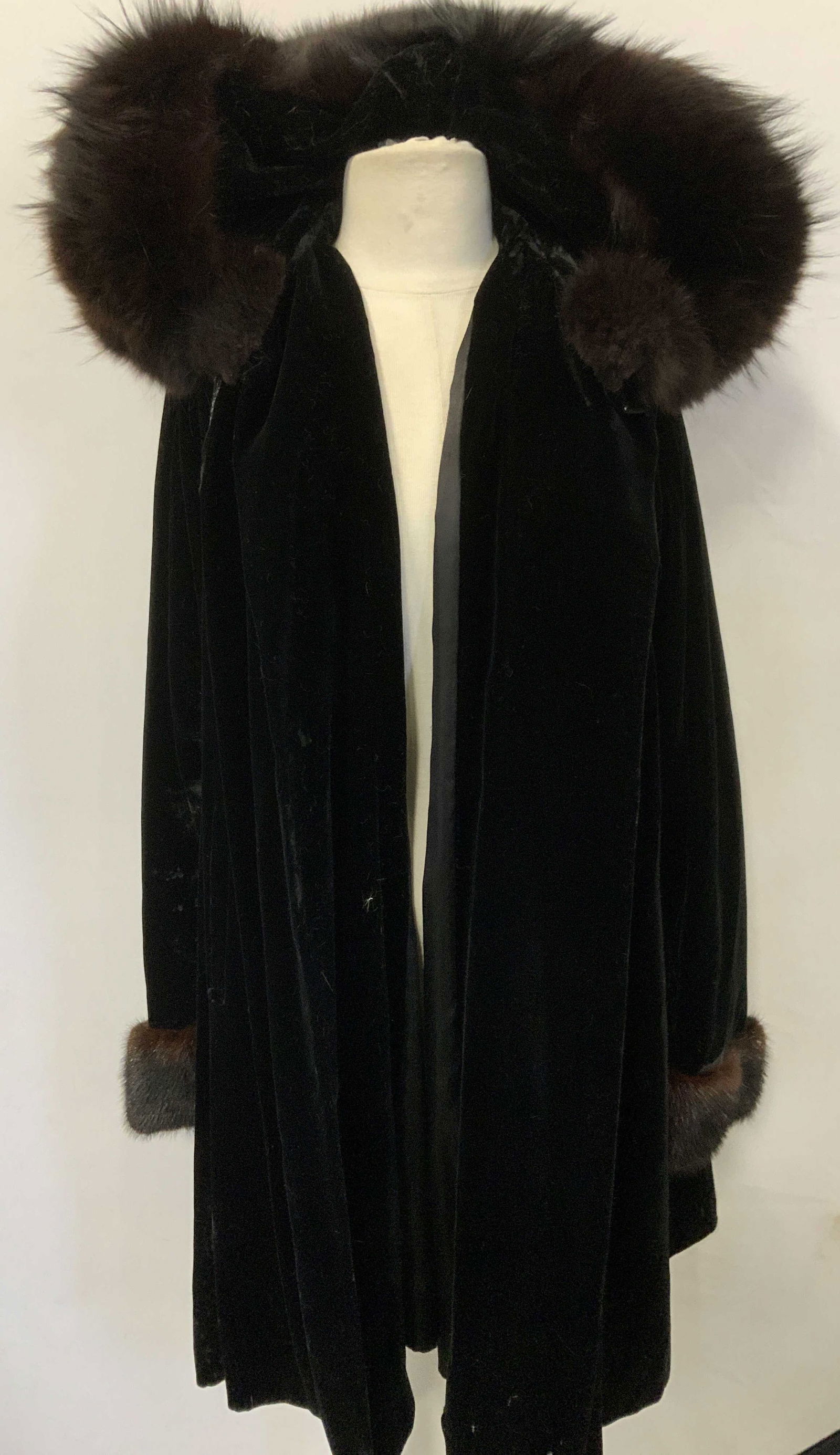 Black Velvet Hooded Swing Coat w Fur Trim (1 of 17)