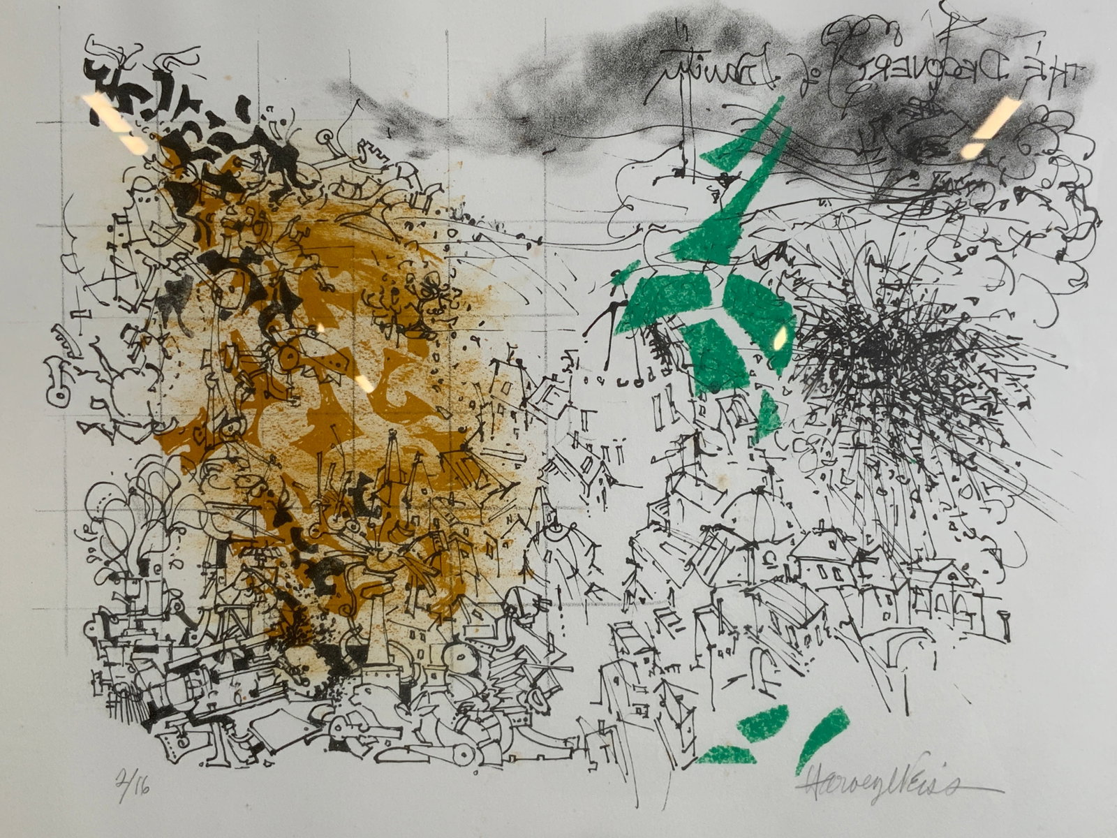 Harvey Weiss Discover Gravity Signed Lithograph: Lithograph on paper. Signed in graphite in lower right corner. Artists name is Harvey Weiss. Titled The Discovery of Gravity. Limited edition number 2/16. Numbered in lower left corner. Subject depict