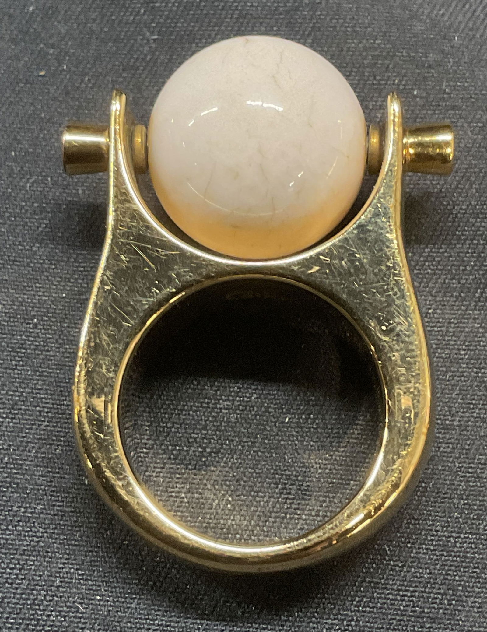 Chloe Gold Tone Faux Pearl Ring, Italy.: Chloe gold tone ring with oversized faux pearl setting. Signed on band. Made in Italy. Ring size approx. 6.75. Faux Pearl measures approx. .5 inches diameter. Piece has weight. Some surface wear inclu