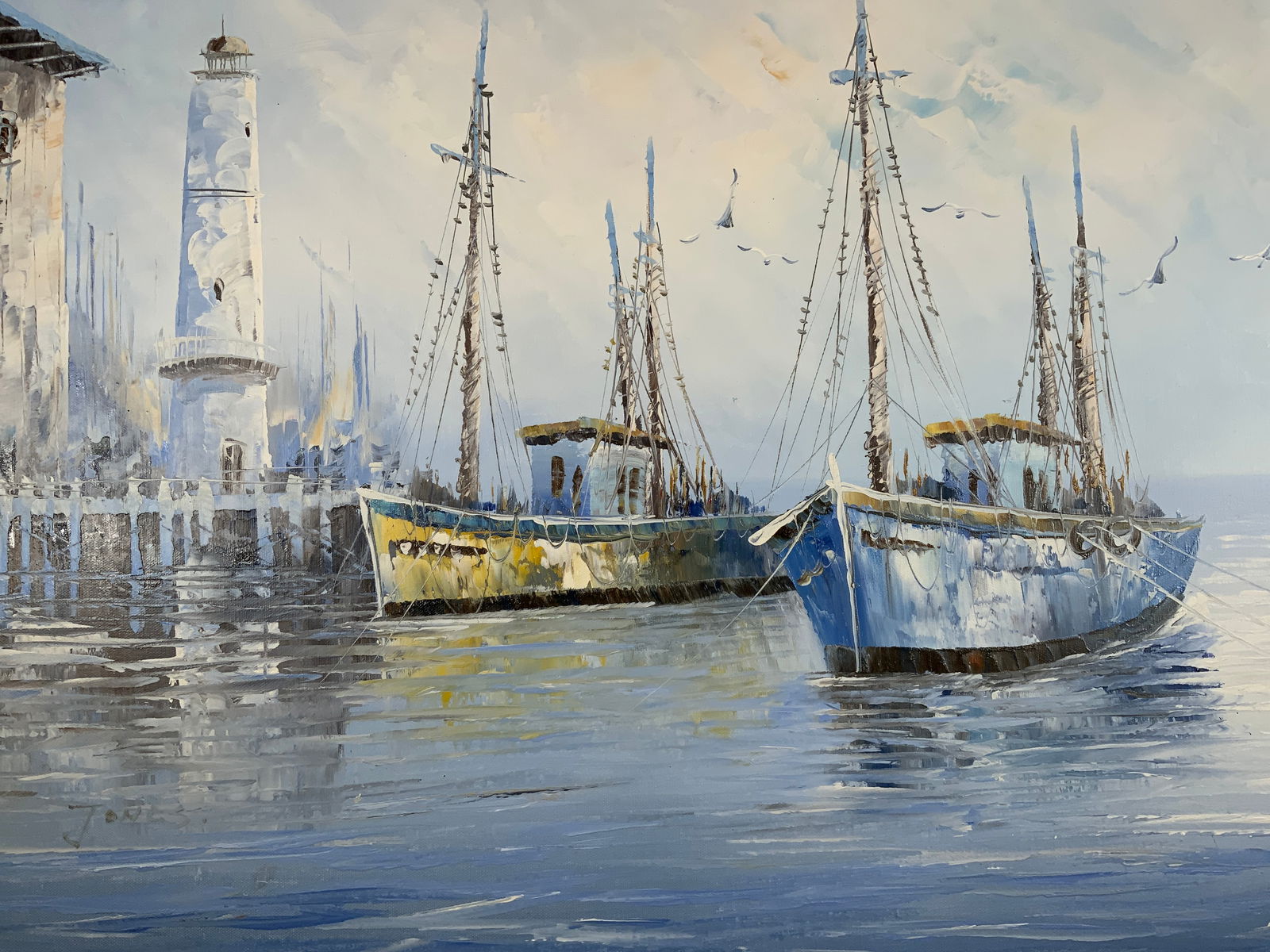 Framed & Signed Lighthouse Harbor Oil Painting (1 of 15)