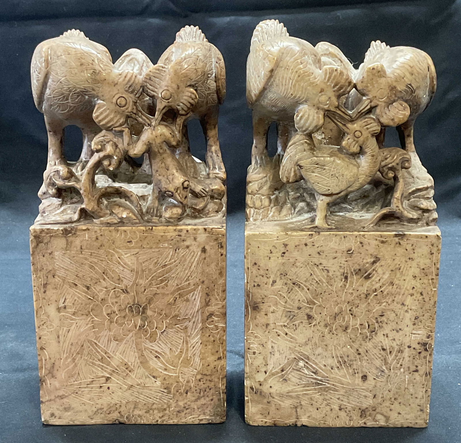 Pair Carved Asian Soapstone Chicken Bookends (1 of 8)