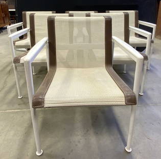 RICHARD SCHULTZ Set 8 Outdoor Patio Chairs: Tags read RICHARD SCHULTZ. Lot includes 8 chairs. Each white with brown toned leatherette sides. Each chair has armrests. Chairs each measure approximately 30 inches tall 23 inches wide & deep. Chairs