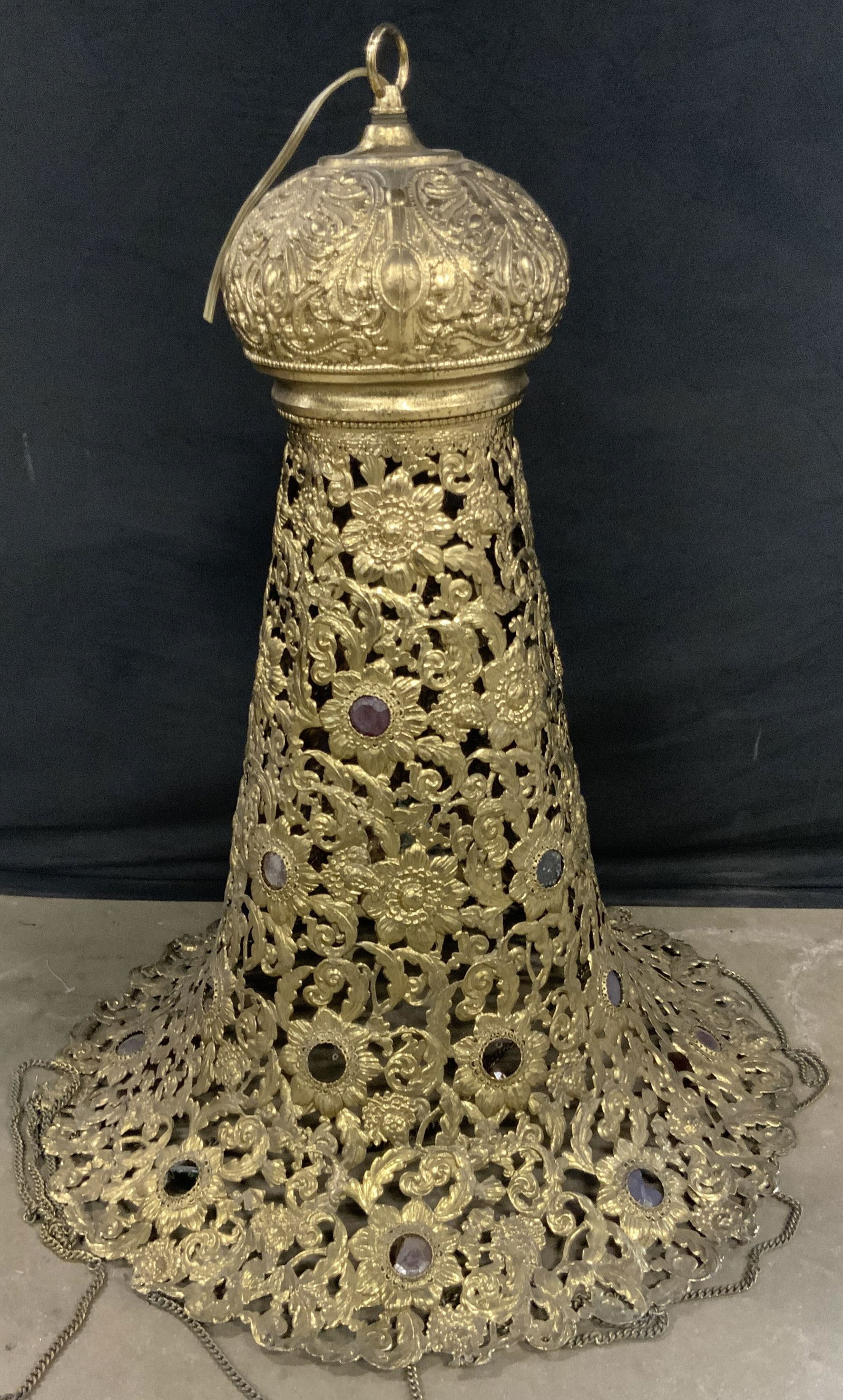 Vntg Pierced Brass Bejeweled Bell Form Chandelier (1 of 8)