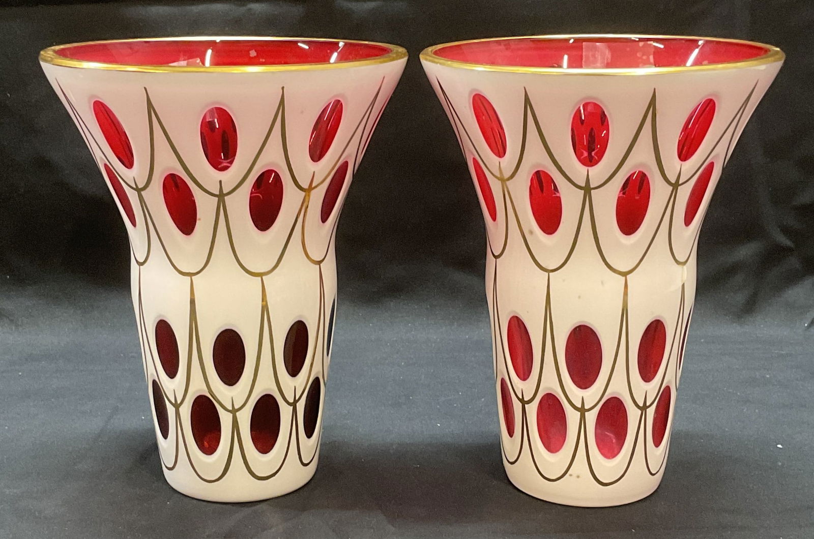 Pair White to Ruby Gilt Cut Art Glass Vases (1 of 6)