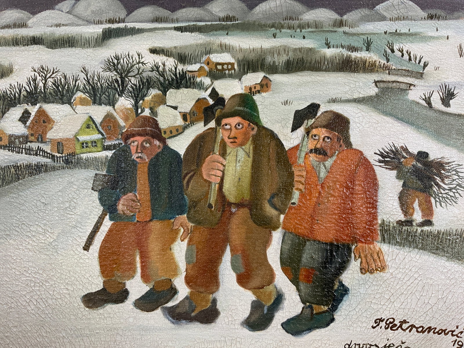 Framed & Signed Chilly Lumberjacks Oil Painting: Oil paint on canvas. Signed in lower right corner. Signature illegible. Dated 1960. Subject depicts three lumberjacks on their way to chop wood in the winter. They are cold. Framed in a wooden frame w
