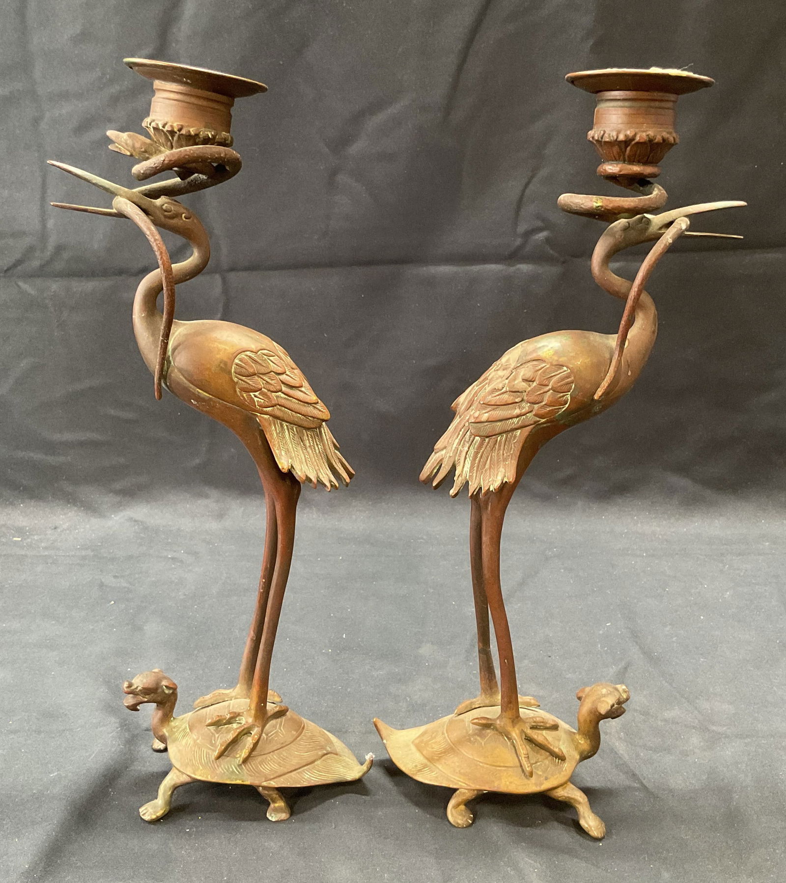 Pair Vntg Brass Heron, Snake & Turtle Candlesticks (1 of 8)