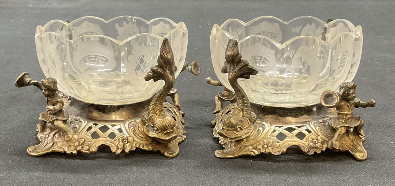 Pair Antique 800 Silver Etched Glass Bowls (1 of 7)