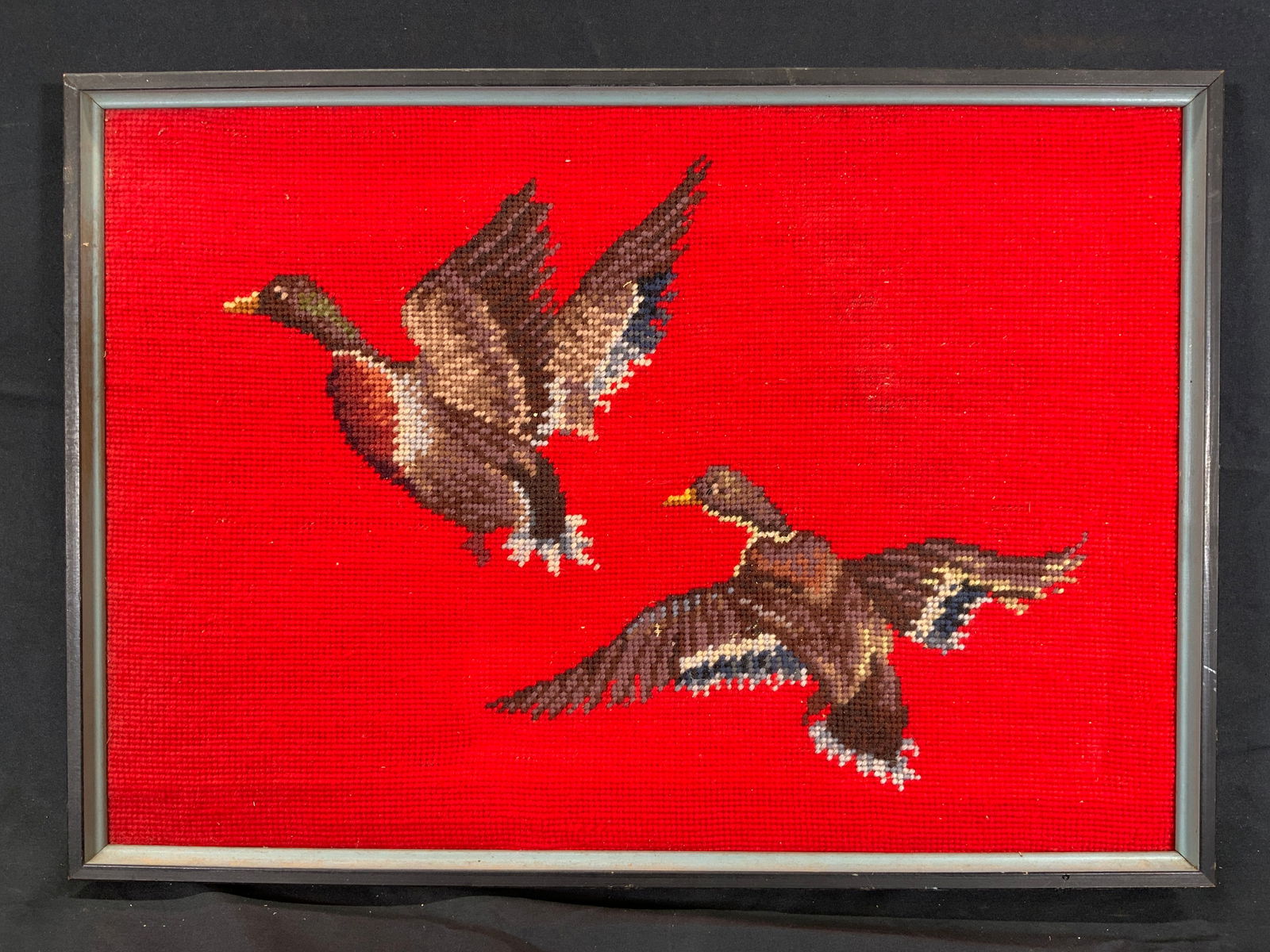 Framed Needlepoint Flying Mallards Wall Hanging (1 of 10)