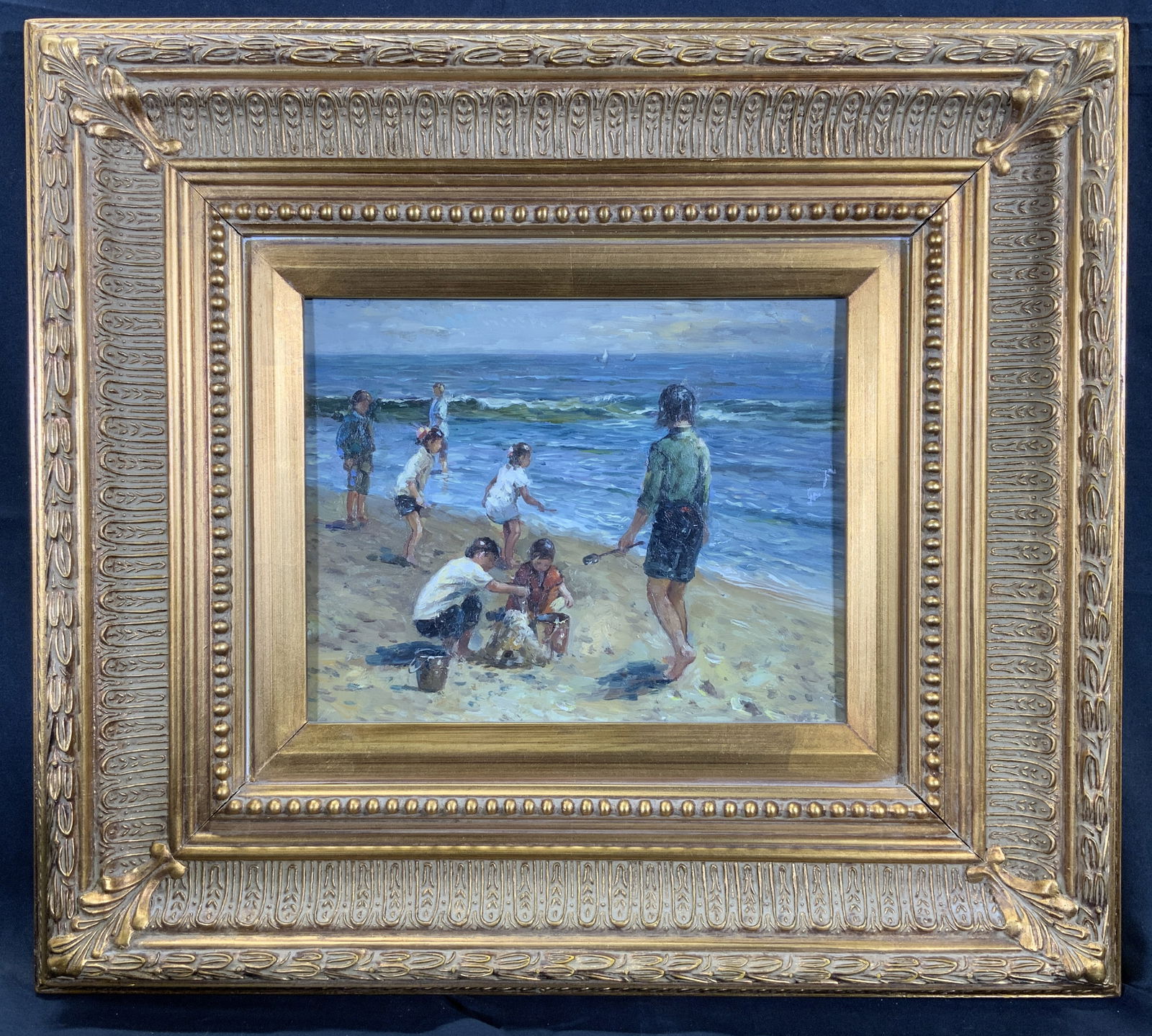 Ornately Framed Children at the Beach Oil Painting (1 of 9)
