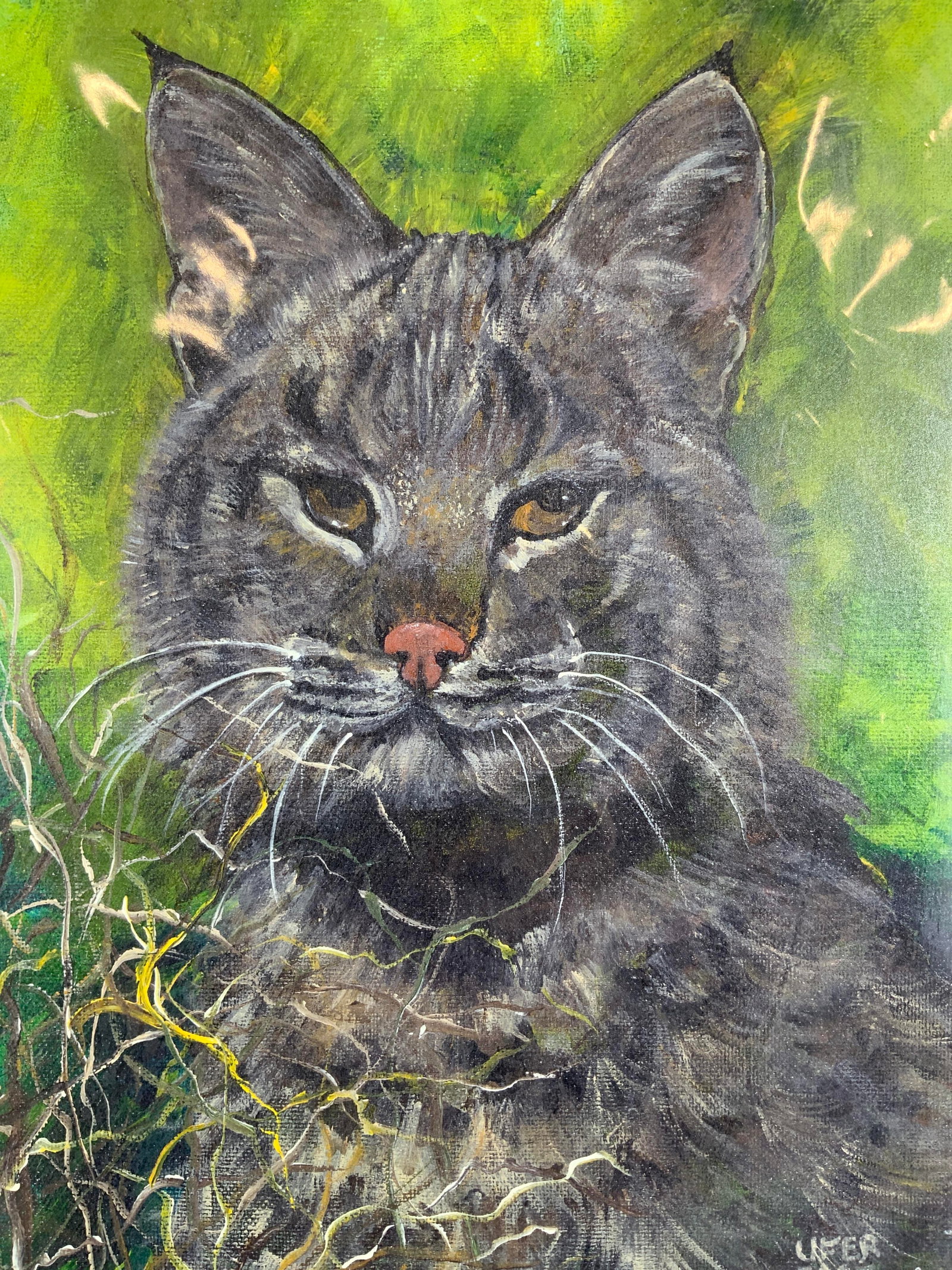 Jean Uffer Signed & Matted Bobcat Lithograph: Lithograph on paper. Art by Jean Uffer. Signed in lower right corner. Artist bio on verso. Subject depicts a portrait of a bobcat. Matte measures approx. 16 W x 20 H in. Window measures approx. 10.5 W