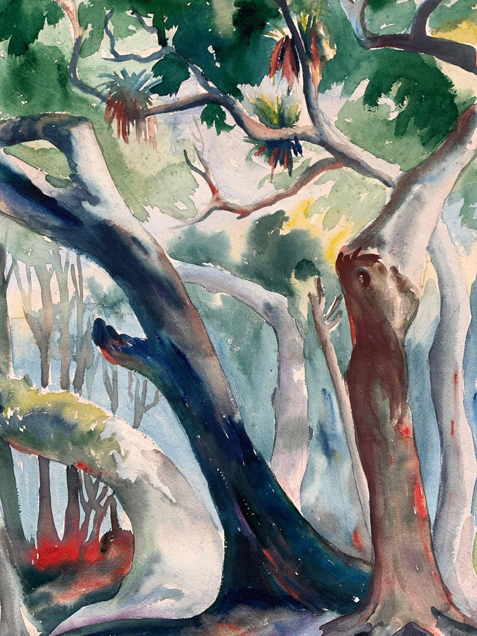 Signed Tropical Forest Trees Watercolor: Watercolor on paper. Signed in lower left corner. Signature illegible. Subject depicts a landscape of twisting tropical trees and foliage. Affixed to matte board. Matte board measures approx. 24.5 W x