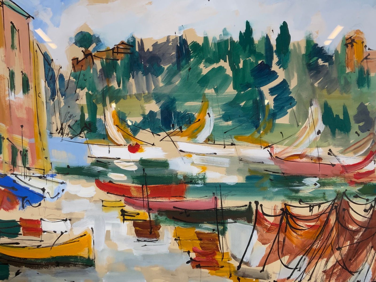 1971 Framed & Signed Boat Harbor Acrylic Painting (1 of 11)