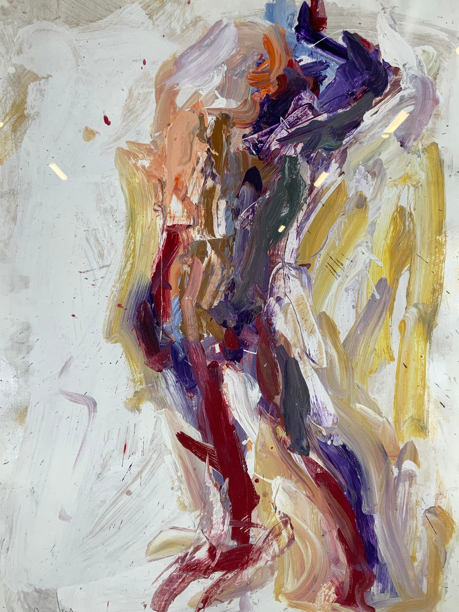 Signed Carl Plansky Abstract Figure Oil Painting: Oil paint on linen canvas. Signed in lower left corner in graphite. Art by Carl Plansky, American Artist (1951-2009). Subject depicts an abstract multi colored figure. Framed in brown wooden frame. Fr