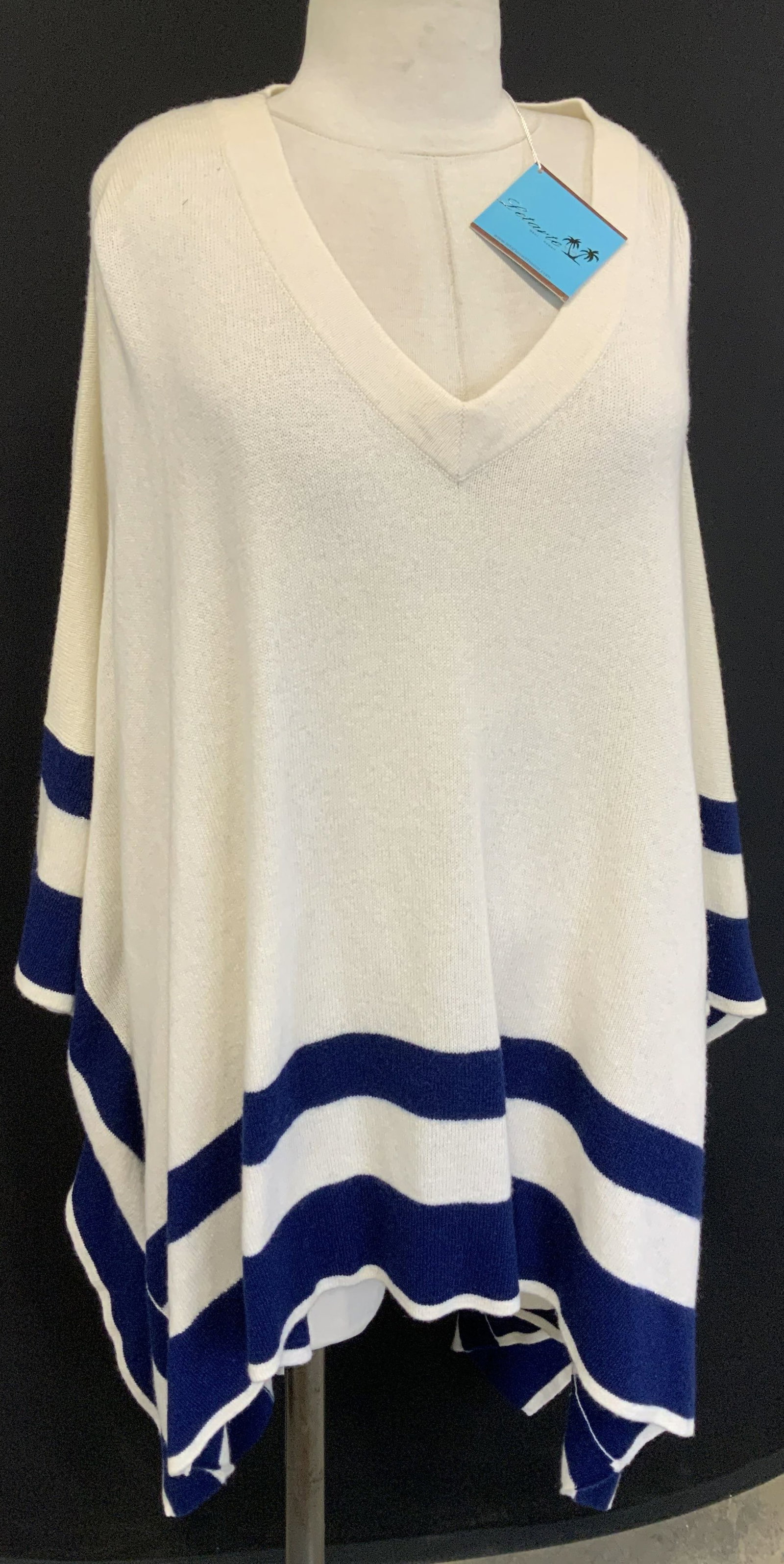 Letarte Hawaii Border Stripe Cashmere Poncho, NWT: Letarte Cream toned cashmere poncho with a navy border stripe. New with tags. Luxury brand in Maui, Hawaii, size 0/S. V- neckline., front drop is 26 in. Backside drop is 33 in. Sides drop to 37 in. A 