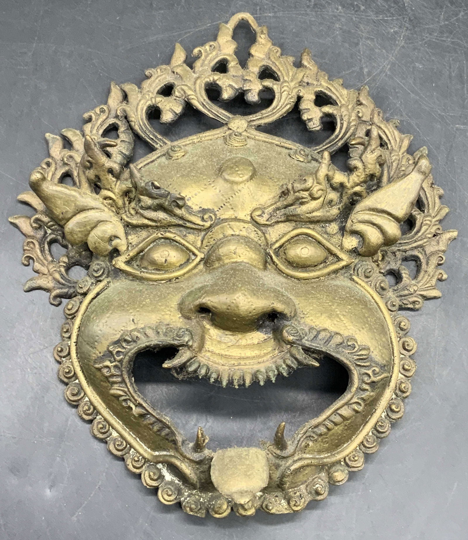 Antique Brass Asian Figural Mask Plaque (1 of 8)