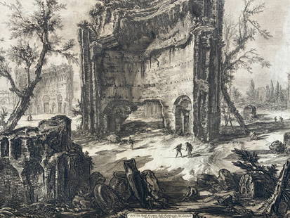Giovanni Battista Piranesi Baths of Trajan Etching: Etching print on paper. 18th Century etching by Giovanni Batista Piranesi. Subject depicts the ruins of the Baths of Trajan, From about 200 to 600 CE, it was the place for Romans to see and be seen. T
