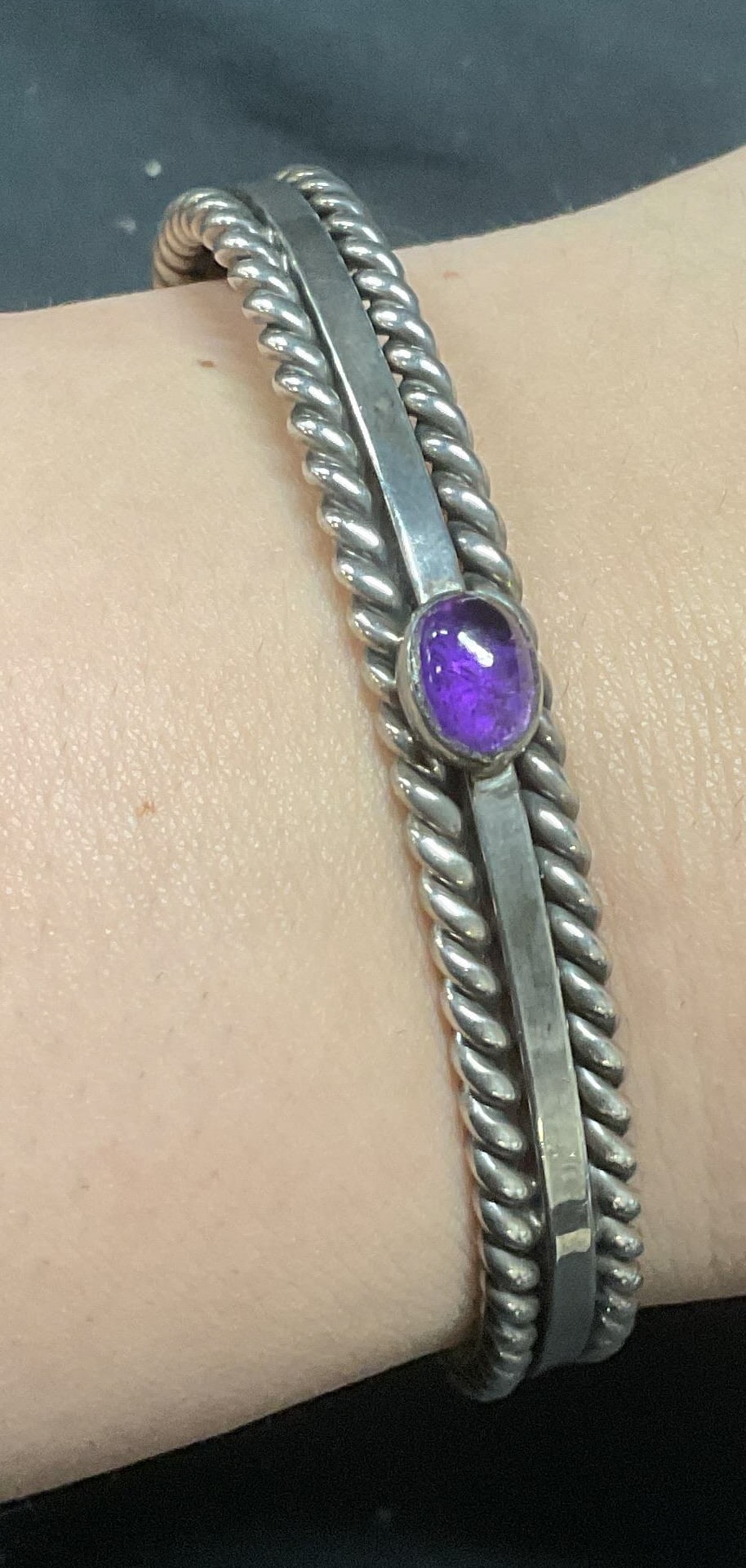 Signed SA Sterling Silver & Amethyst Cuff Bracelet (1 of 6)